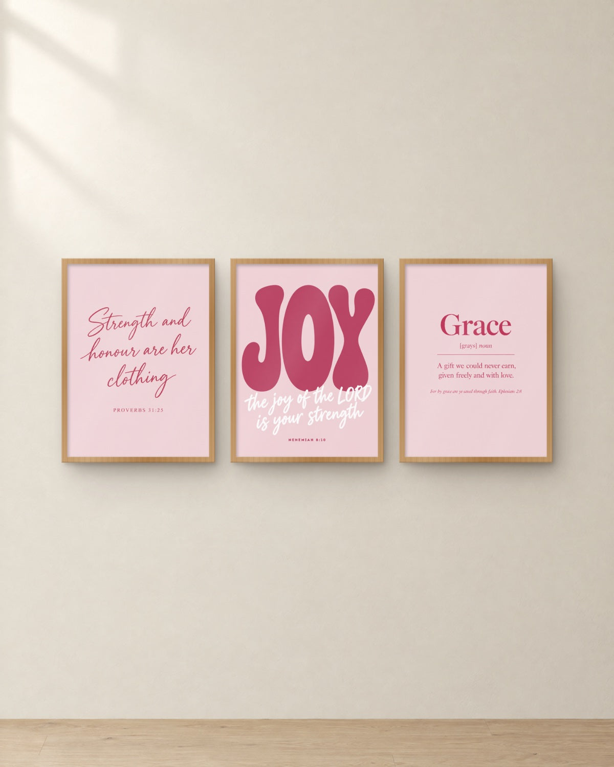 The Blush Set, framed in oak. Digital mockup.