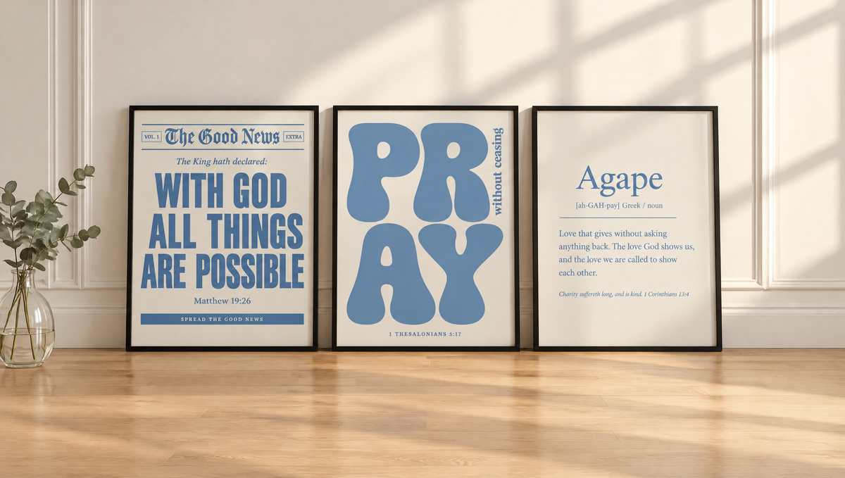 The Dusty Blue Set in black frames leaning against a wall. Digital mockup.