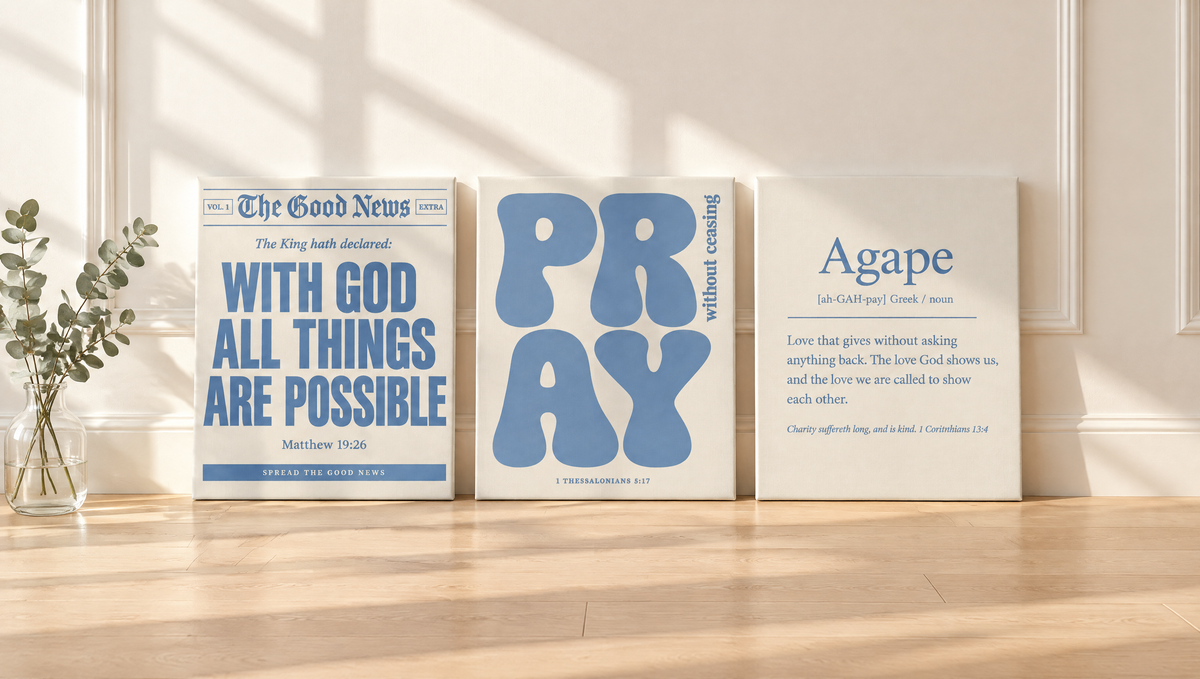 The Dusty Blue Set as slim canvas prints leaning against a wall. Digital mockup.