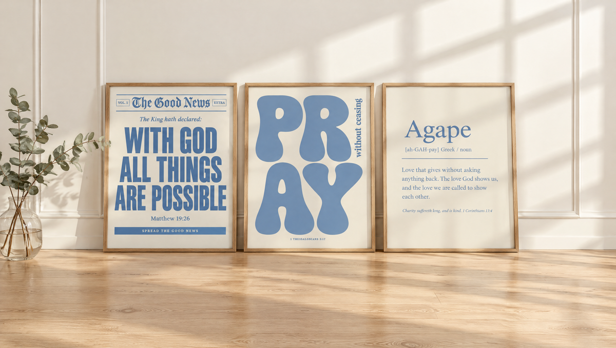 The Dusty Blue Set in oak frames leaning against a wall. Digital mockup.