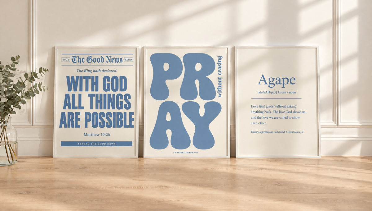 The Dusty Blue Set in white frames leaning against a wall. Digital mockup.