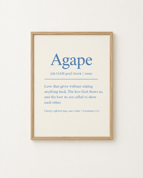 Agape: Dusty Blue print in an oak frame on a white wall, reading “Charity suffereth long, and is kind” (1 Corinthians 13:4, KJV). Digital mockup.