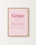 Grace: Blush print in an oak frame on a white wall, reading “For by grace are ye saved through faith” (Ephesians 2:8, KJV). Digital mockup.
