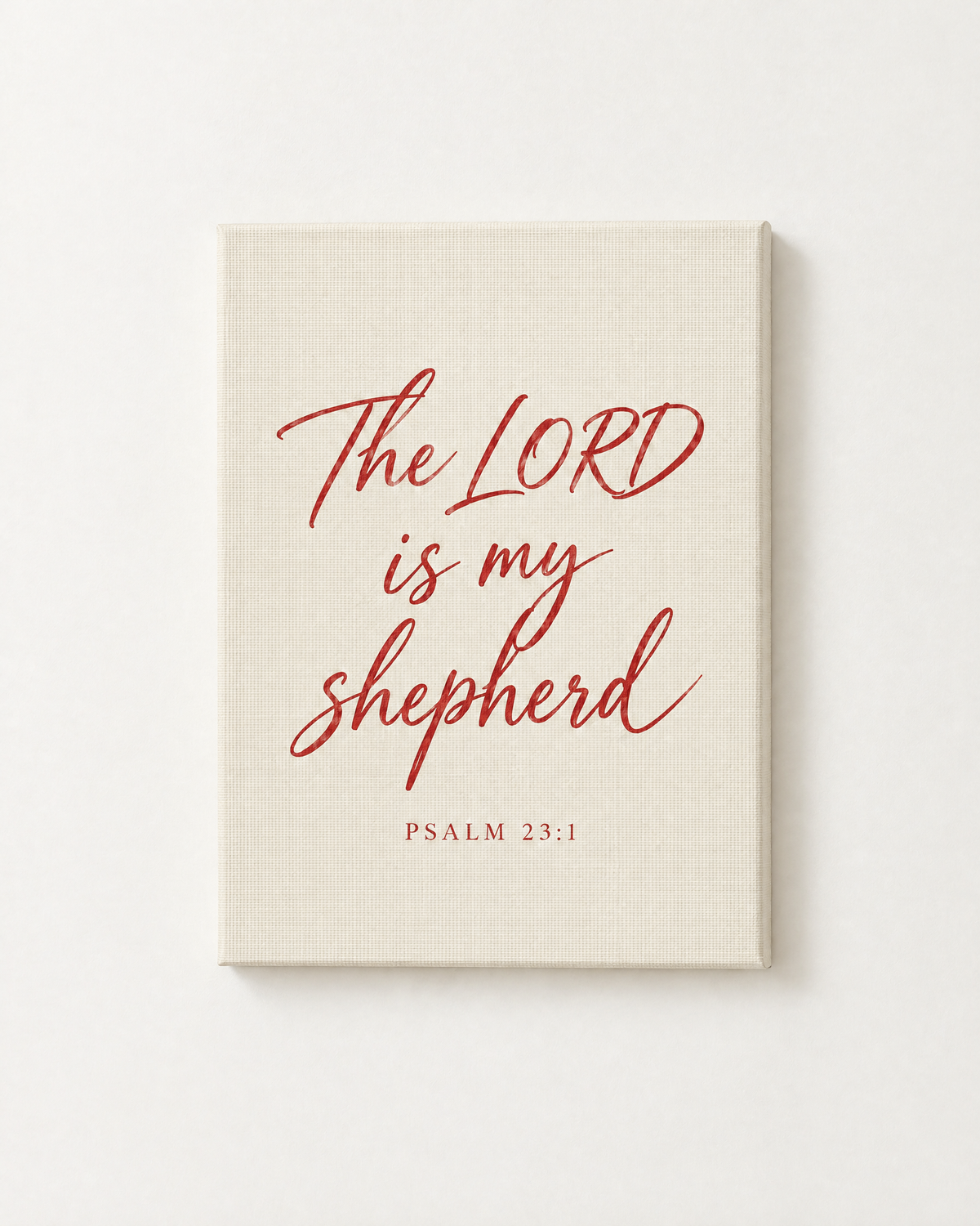 The LORD Is My Shepherd: Cherry print as a gallery-wrapped canvas on a white wall, reading “The LORD is my shepherd” (Psalm 23:1, KJV). Digital mockup.