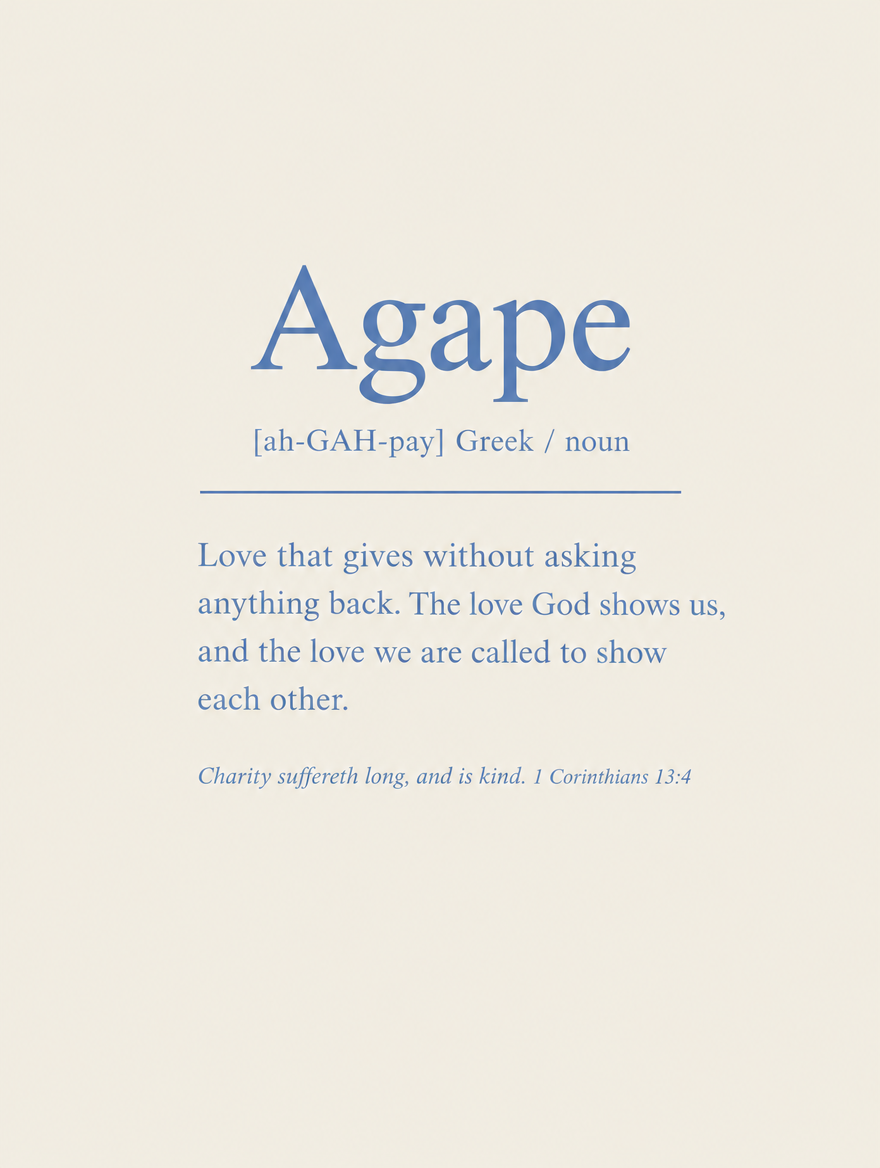 Scripture wall art, Dusty Blue dictionary definition design: “Charity suffereth long, and is kind”, 1 Corinthians 13:4 KJV.