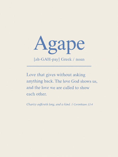 Scripture wall art, Dusty Blue dictionary definition design: “Charity suffereth long, and is kind”, 1 Corinthians 13:4 KJV.
