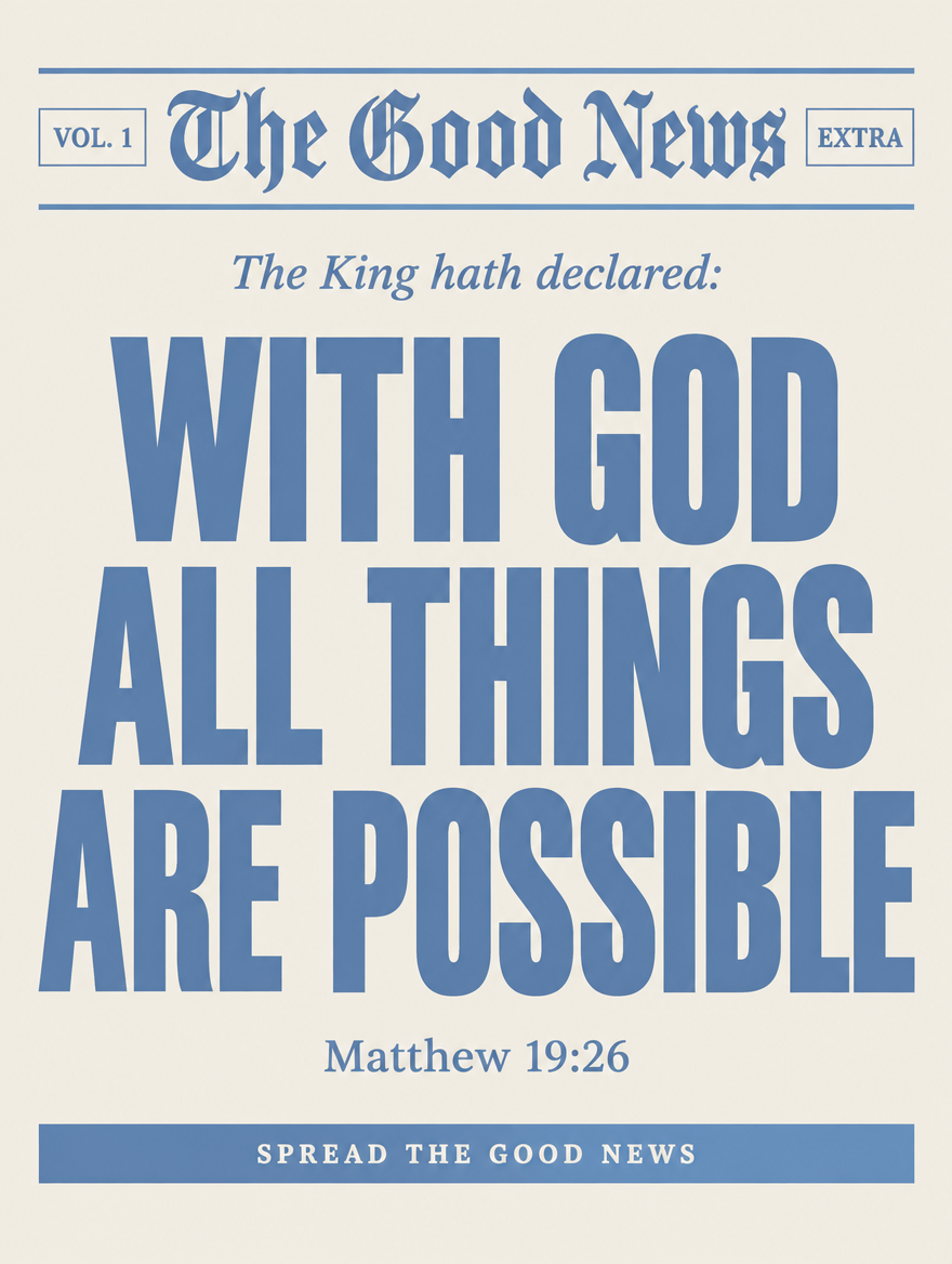 Scripture wall art, Dusty Blue The Good News newspaper design: “With God all things are possible”, Matthew 19:26 KJV.