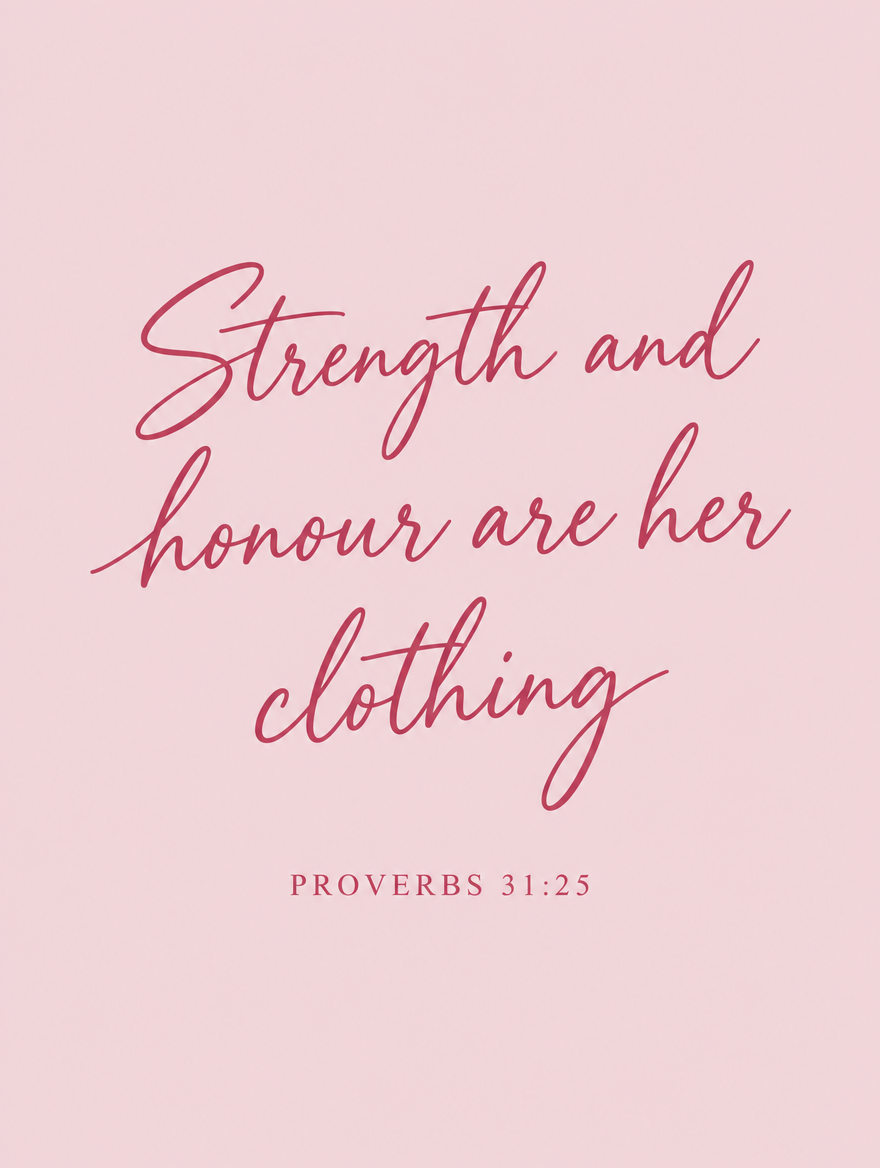 Scripture wall art, Blush handwritten script design: “Strength and honour are her clothing”, Proverbs 31:25 KJV.