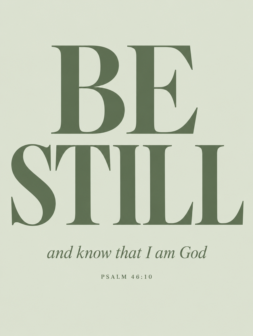 Scripture wall art, Sage editorial serif design: “Be still, and know that I am God”, Psalm 46:10 KJV.