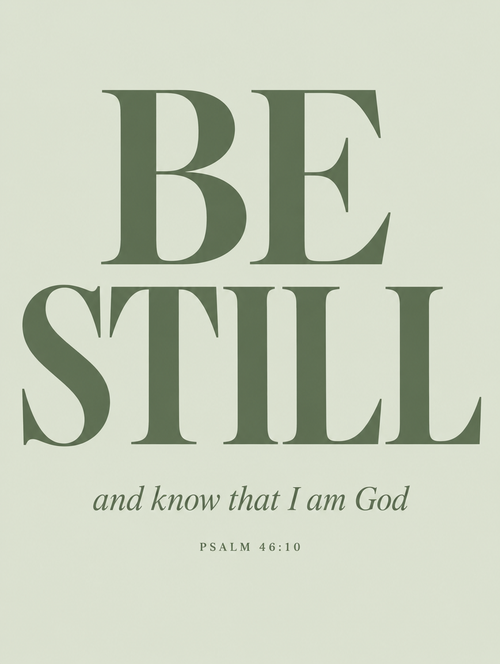 Scripture wall art, Sage editorial serif design: “Be still, and know that I am God”, Psalm 46:10 KJV.