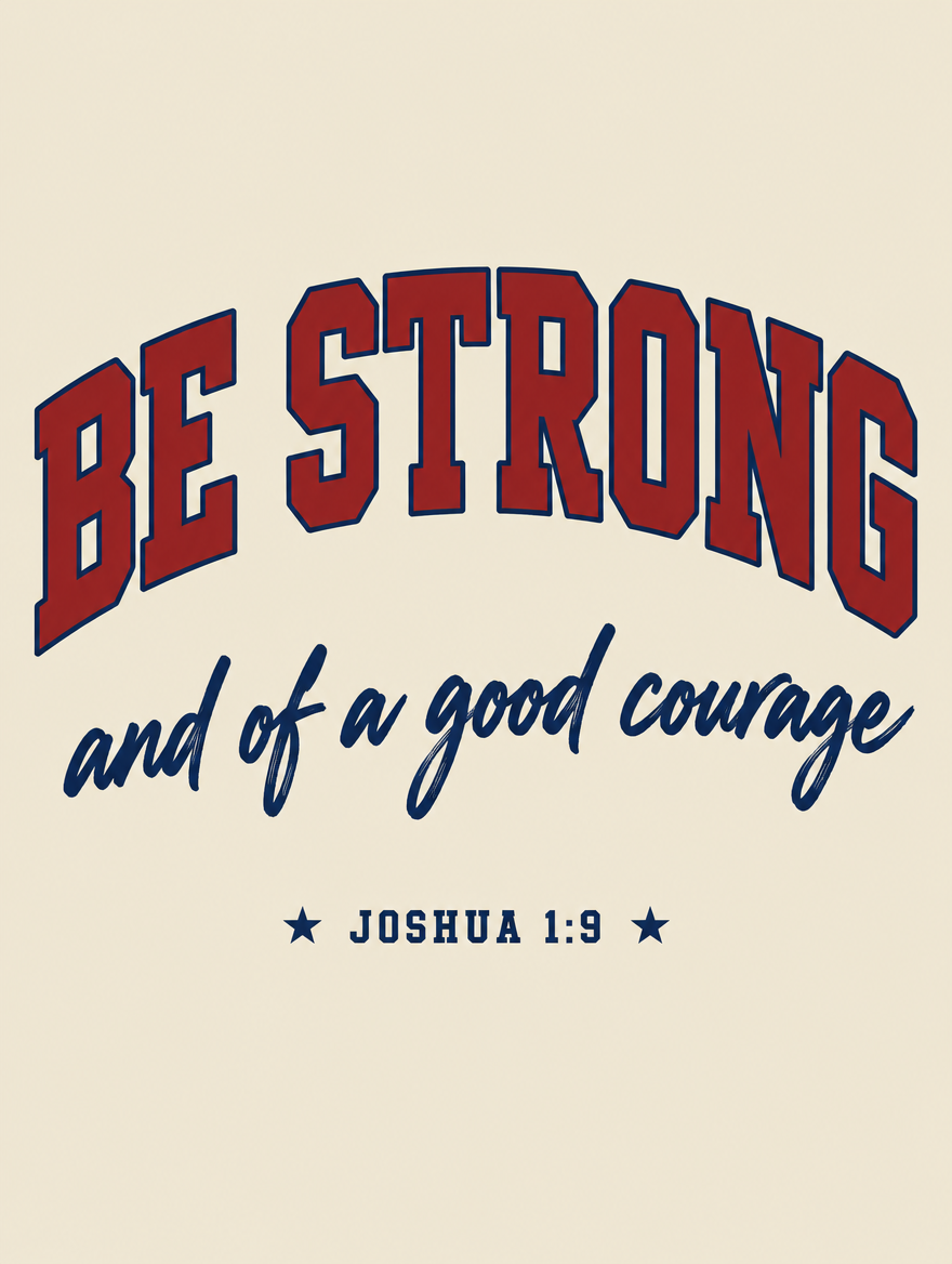 Scripture wall art, Varsity vintage varsity design: “Be strong and of a good courage”, Joshua 1:9 KJV.