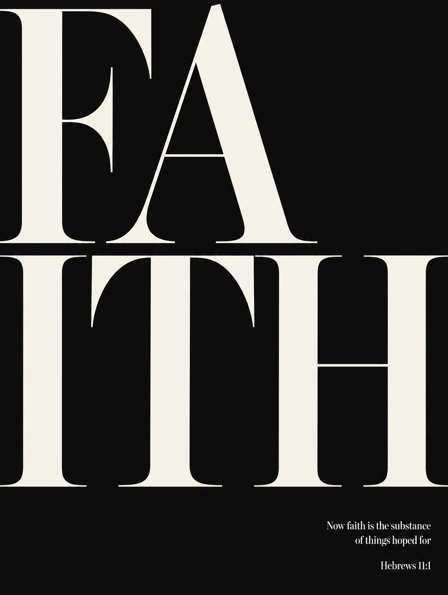 Scripture wall art, Black & White editorial serif design: “Now faith is the substance of things hoped for”, Hebrews 11:1 KJV.