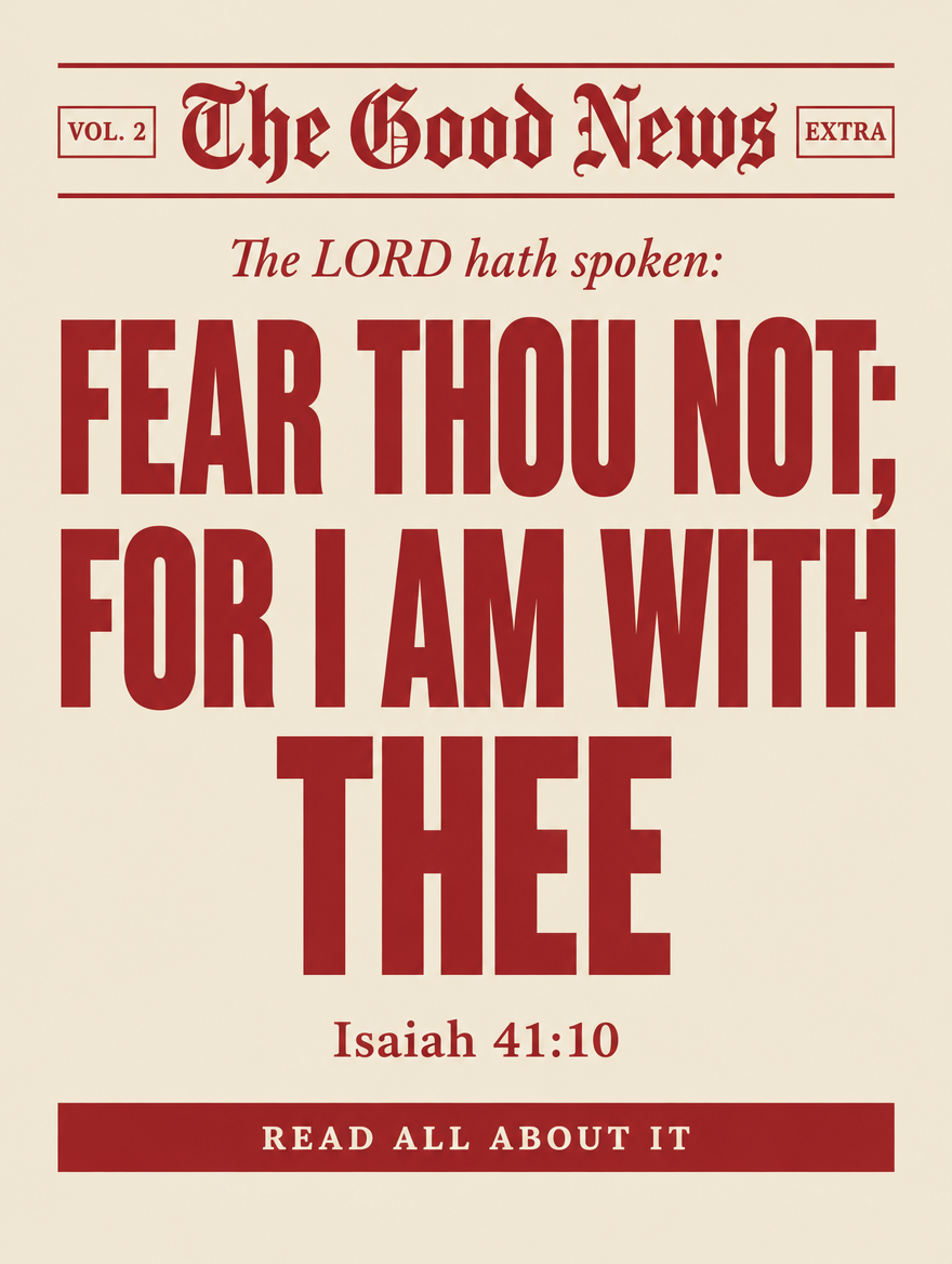 Scripture wall art, Cherry The Good News newspaper design: “Fear thou not; for I am with thee”, Isaiah 41:10 KJV.