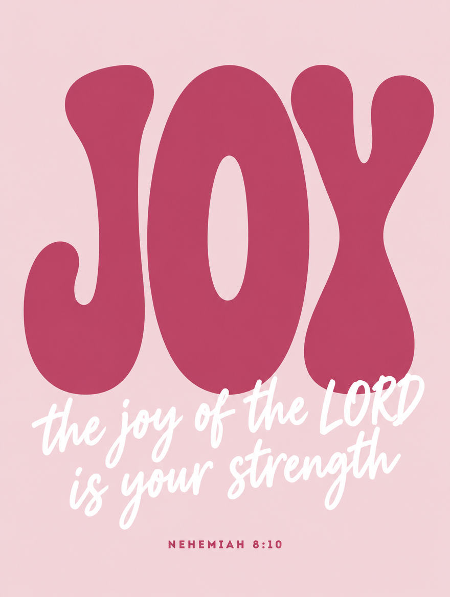 Scripture wall art, Blush giant bubbly lettering design: “The joy of the LORD is your strength”, Nehemiah 8:10 KJV.