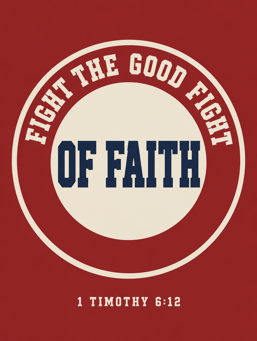 Scripture wall art, Varsity vintage varsity design: “Fight the good fight of faith”, 1 Timothy 6:12 KJV.