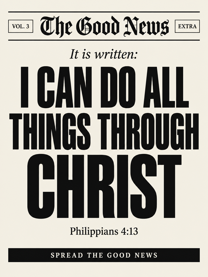 Scripture wall art, Black & White The Good News newspaper design: “I can do all things through Christ”, Philippians 4:13 KJV.
