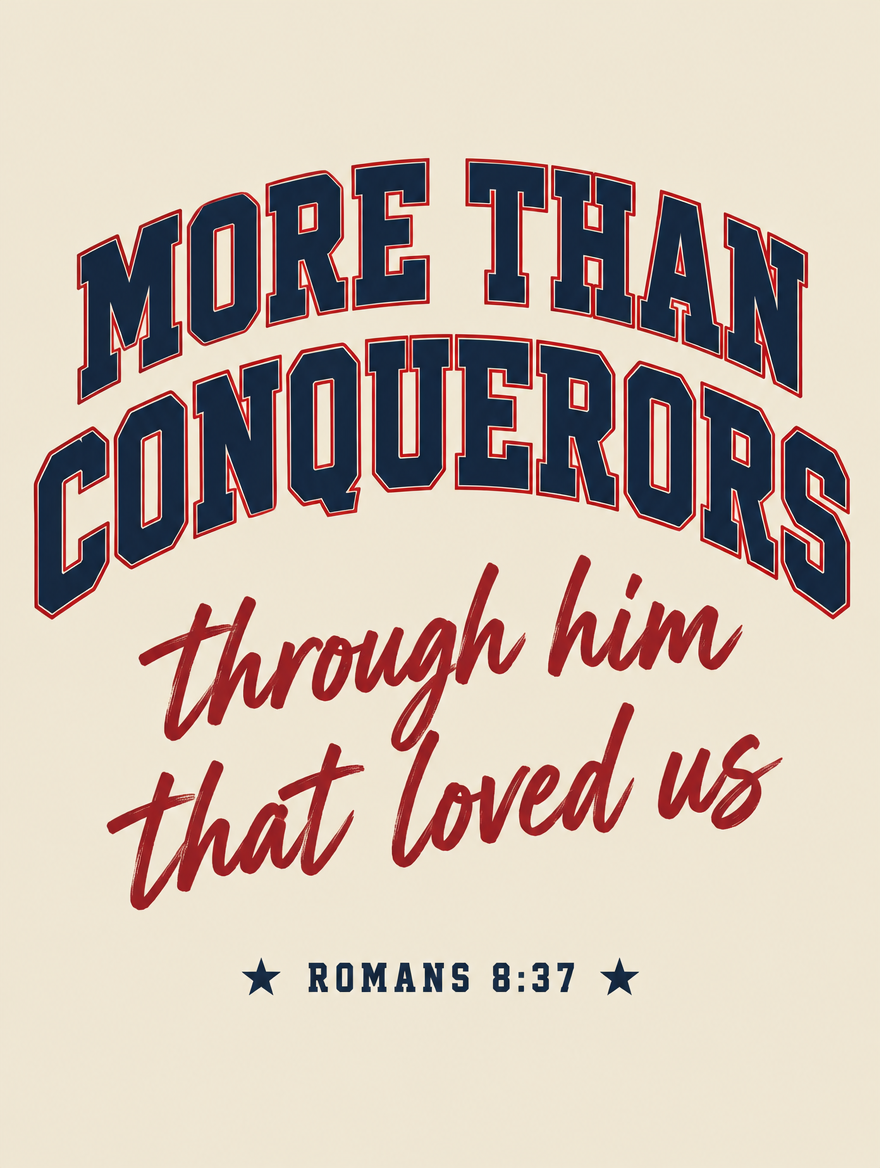 Scripture wall art, Varsity vintage varsity design: “More than conquerors through him that loved us”, Romans 8:37 KJV.