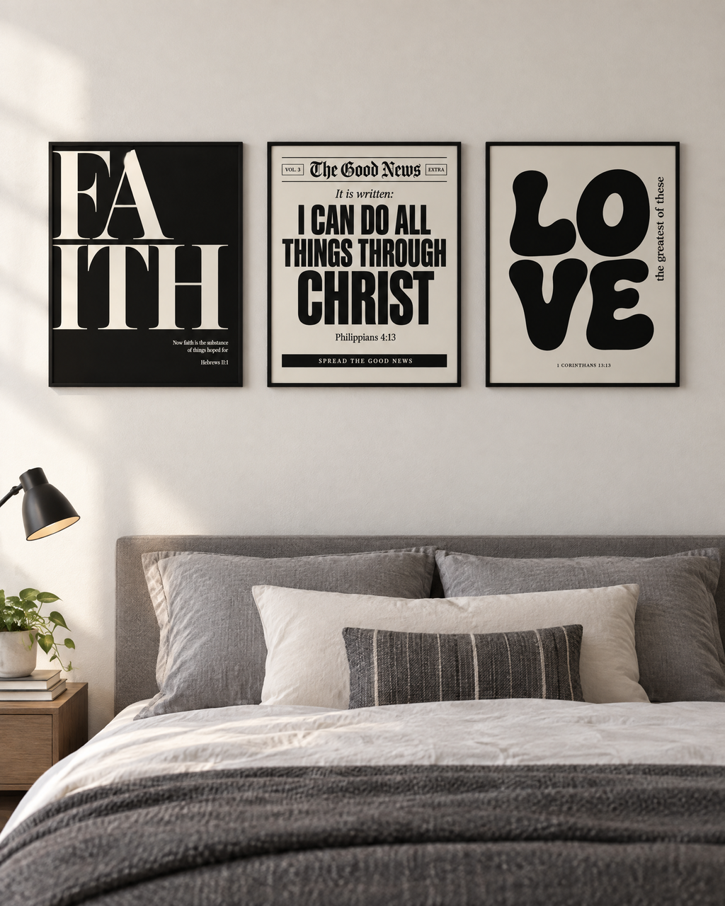 Digital mockup: the Black & White Set of 3 in black frames above a bed: FAITH (Hebrews 11:1), “I can do all things through Christ” (Philippians 4:13) and LOVE “the greatest of these” (1 Corinthians 13:13).