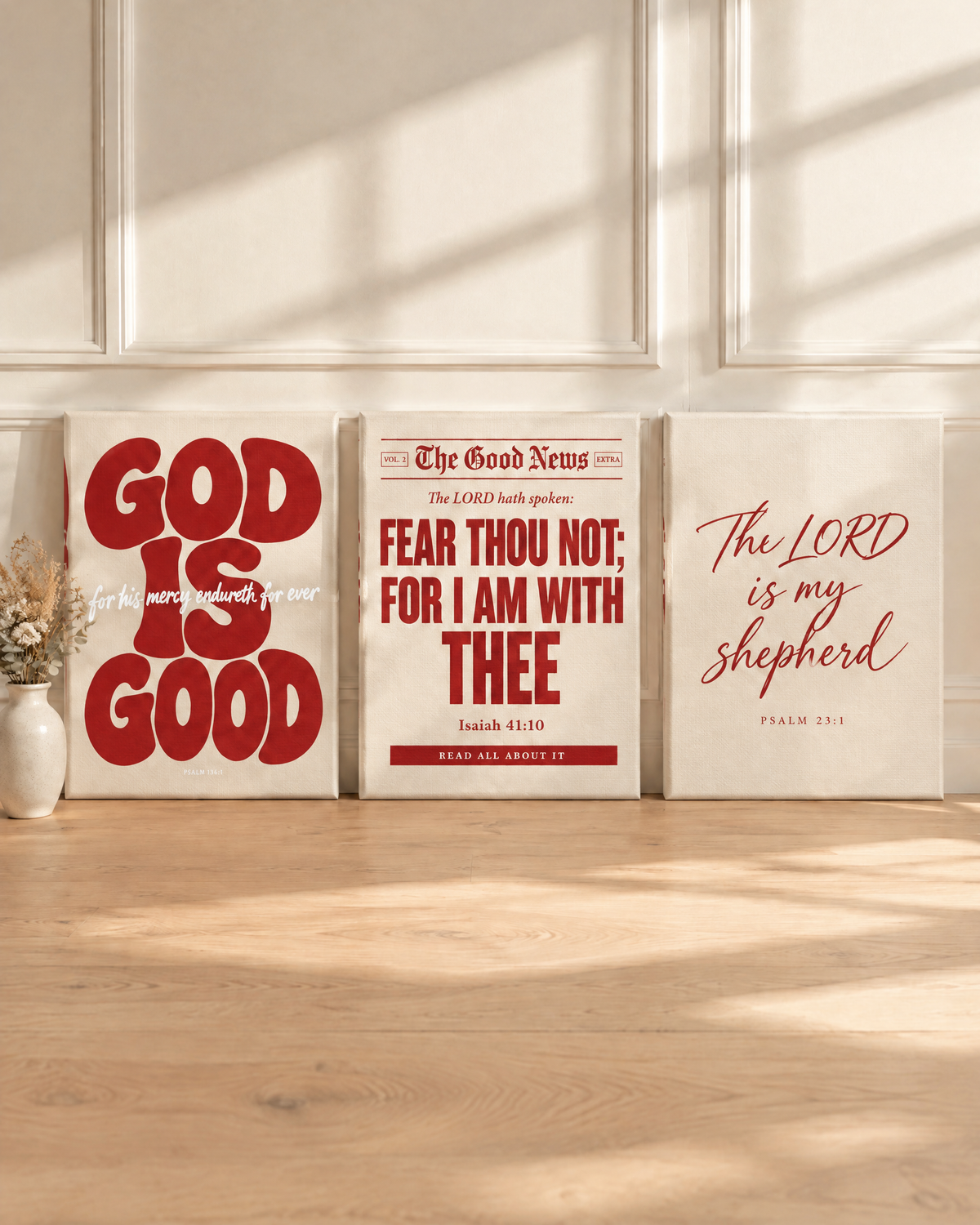 Digital mockup: the Cherry Set of 3 as gallery-wrapped canvases: GOD IS GOOD “for his mercy endureth for ever” (Psalm 136:1), “Fear thou not; for I am with thee” (Isaiah 41:10) and “The LORD is my shepherd” (Psalm 23:1).