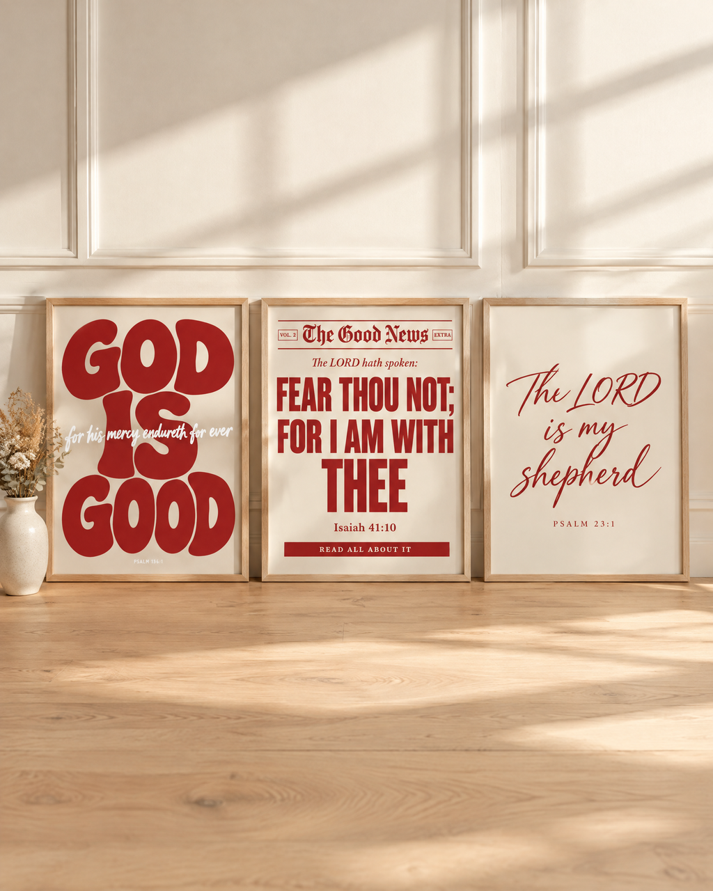 Digital mockup: the Cherry Set of 3 in oak frames: GOD IS GOOD “for his mercy endureth for ever” (Psalm 136:1), “Fear thou not; for I am with thee” (Isaiah 41:10) and “The LORD is my shepherd” (Psalm 23:1).