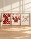 Digital mockup: the Cherry Set of 3 in oak frames: GOD IS GOOD “for his mercy endureth for ever” (Psalm 136:1), “Fear thou not; for I am with thee” (Isaiah 41:10) and “The LORD is my shepherd” (Psalm 23:1).
