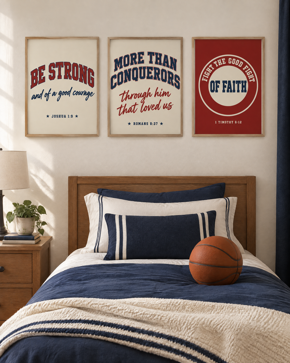 Digital mockup: the Varsity Set of 3 in oak frames above a twin bed: BE STRONG “and of a good courage” (Joshua 1:9), “More than conquerors through him that loved us” (Romans 8:37) and “Fight the good fight of faith” (1 Timothy 6:12).