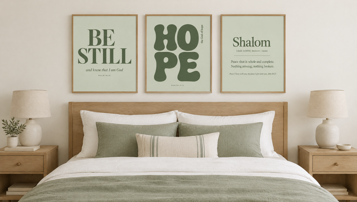 True scale: the Sage Set in Large 18x24, about 60 inches across, the full width of a queen bed. Digital mockup.