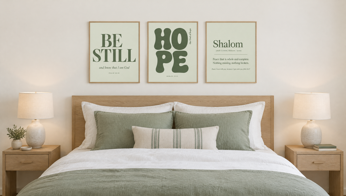 True scale: the Sage Set in Standard 12x16, about 40 inches across, above a 60-inch queen bed. Digital mockup.