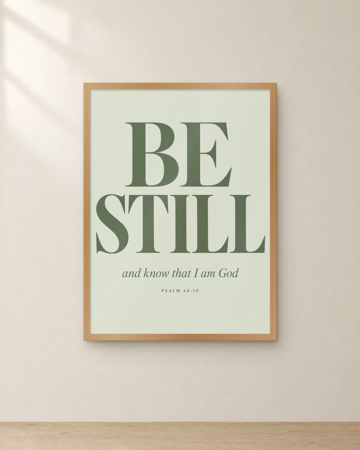 Be Still, Psalm 46:10, framed in oak. Digital mockup.