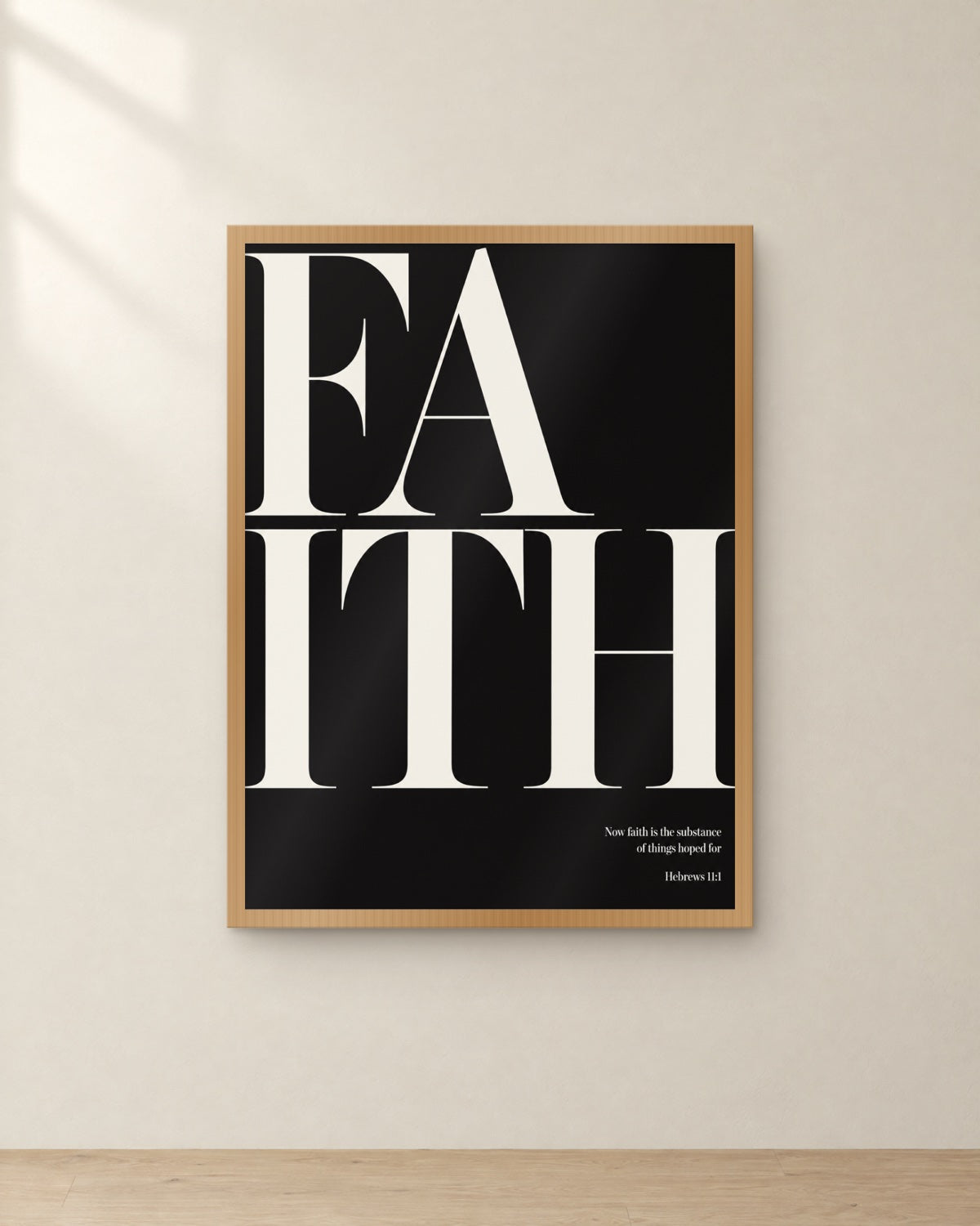 Faith, Hebrews 11:1, framed in oak. Digital mockup.