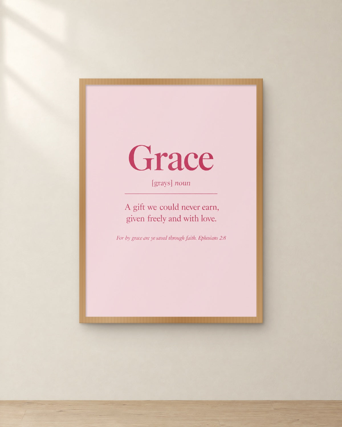 Grace, Ephesians 2:8, framed in oak. Digital mockup.