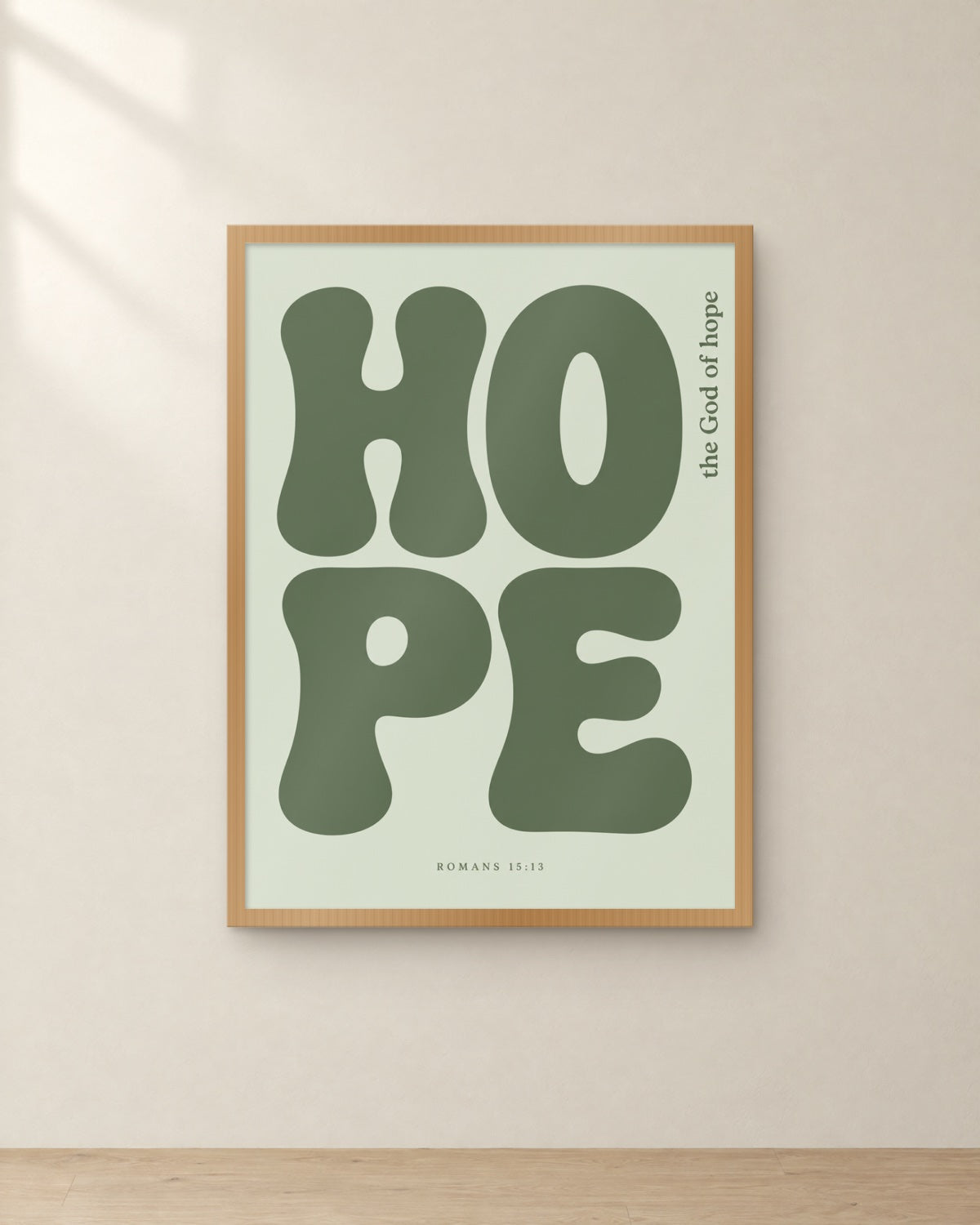 Hope, Romans 15:13, framed in oak. Digital mockup.