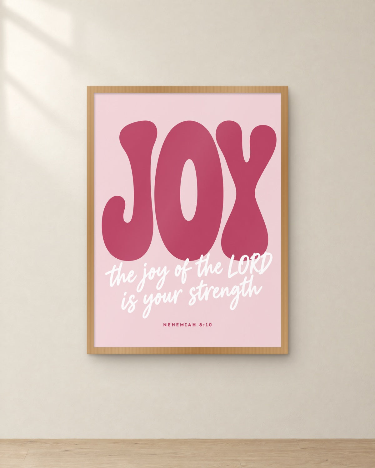 Joy, Nehemiah 8:10, framed in oak. Digital mockup.