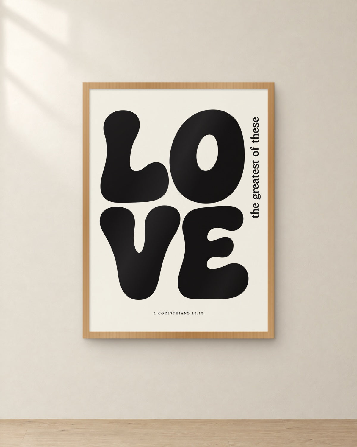 Love, 1 Corinthians 13:13, framed in oak. Digital mockup.