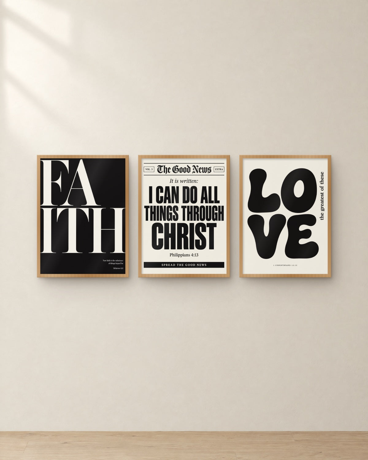 The Black & White Set, framed in oak. Digital mockup.