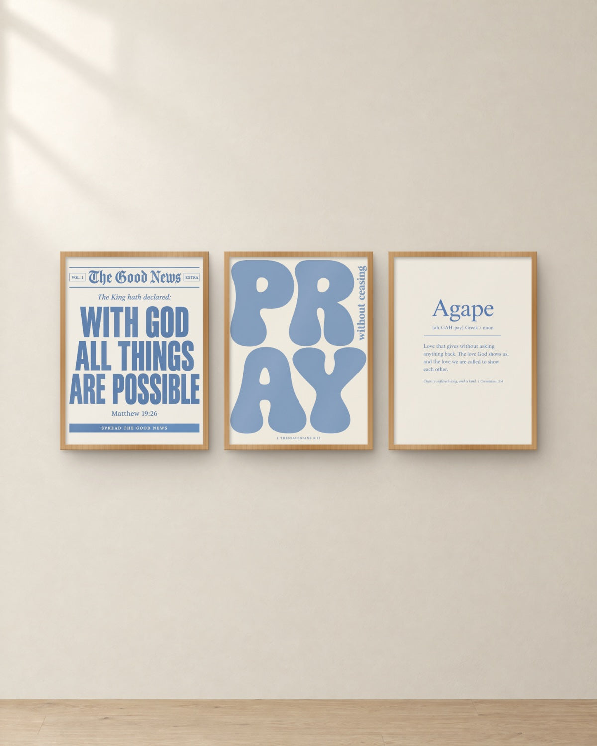 The Dusty Blue Set, framed in oak. Digital mockup.