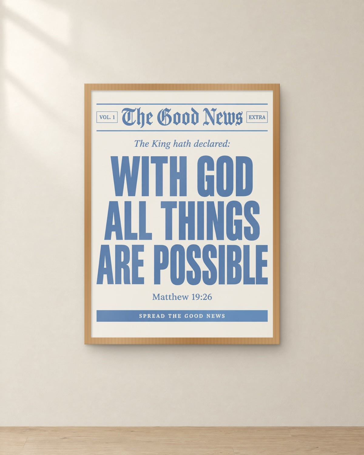 The Good News: With God, Matthew 19:26, framed in oak. Digital mockup.