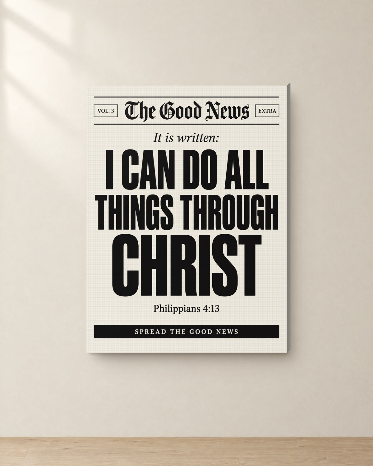 The Good News: I Can Do All Things, Philippians 4:13, Canvas. Digital mockup.