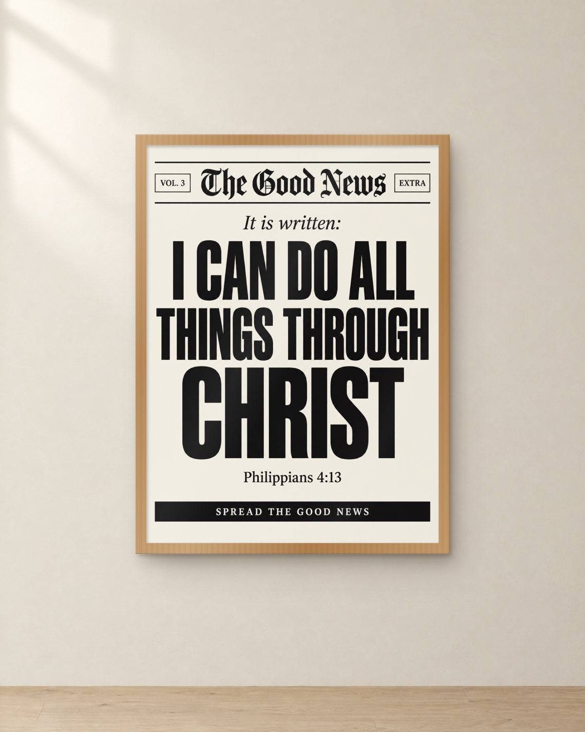 The Good News: I Can Do All Things, Philippians 4:13, framed in oak. Digital mockup.